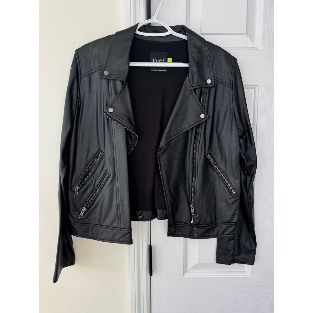 LYSSE Black Faux Leather Moto Jacket Zipper Detail‎ Size L